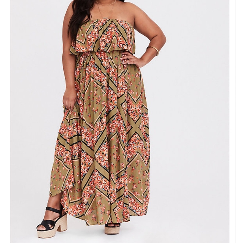 NWT Torrid Olive Scarf Prnt Challis Strapless Maxi